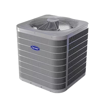 Packaged heat pump unit featuring Carrier branding, designed for outdoor installation, emphasizing energy efficiency for residential and small business climate control in San Diego.