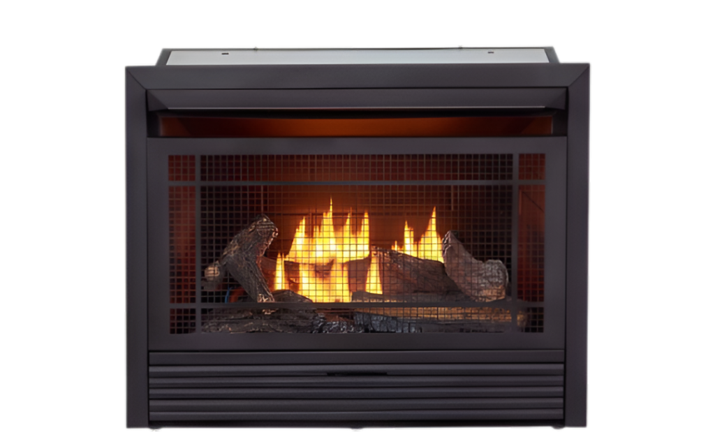 Gas fireplace insert with realistic flames and decorative logs, designed for safe and efficient heating in living spaces, relevant to gas line installation and repair services in San Diego.