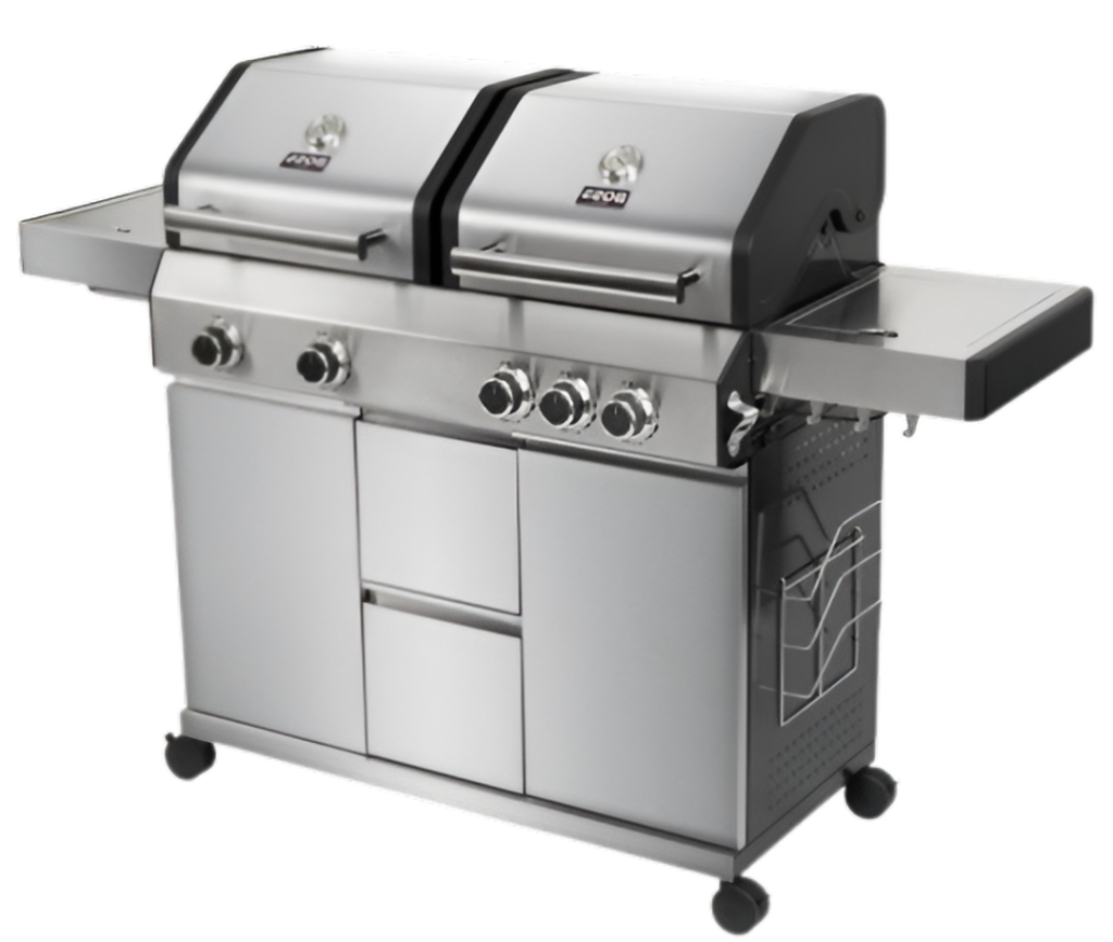 Outdoor gas grill with dual cooking compartments, stainless steel finish, and multiple control knobs, representing safe outdoor cooking solutions in San Diego.