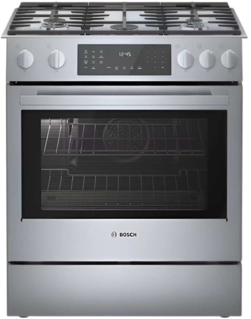 Gas stove and oven with stainless steel finish, featuring control knobs and digital display, representing reliable kitchen appliances for safe gas line installation and repair services in San Diego.